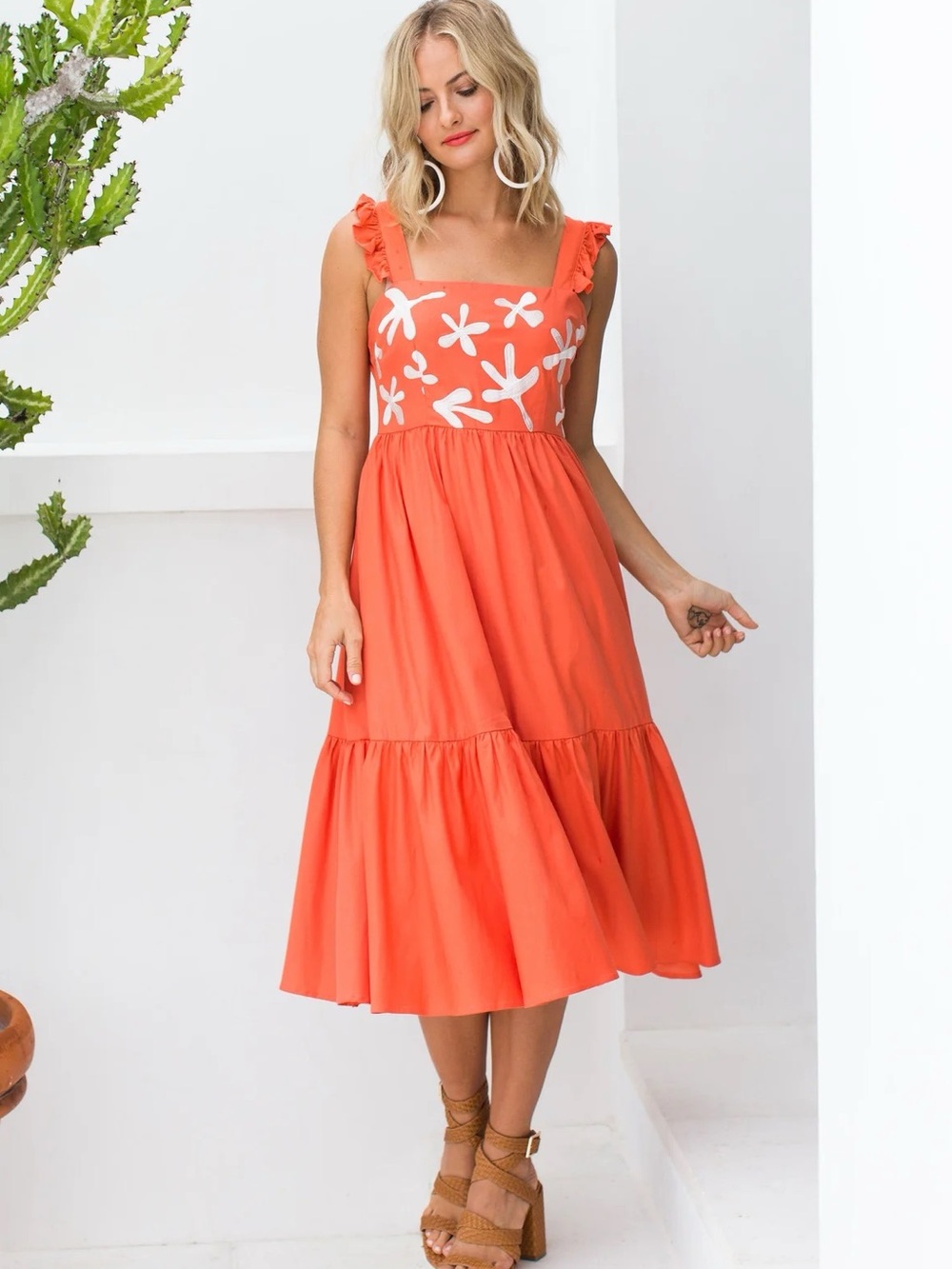 CROSBY by Mollie Burch Coral Embroidered Ruffle Tiered Midi Dress Small